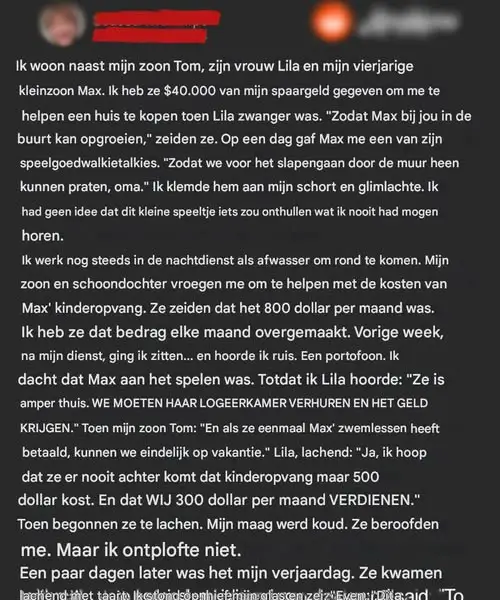 Mijn kleinzoon gaf me stilletjes een portofoon voor gesprekken ‘s avonds laat – op een avond hoorde ik iets dat mijn hart brak