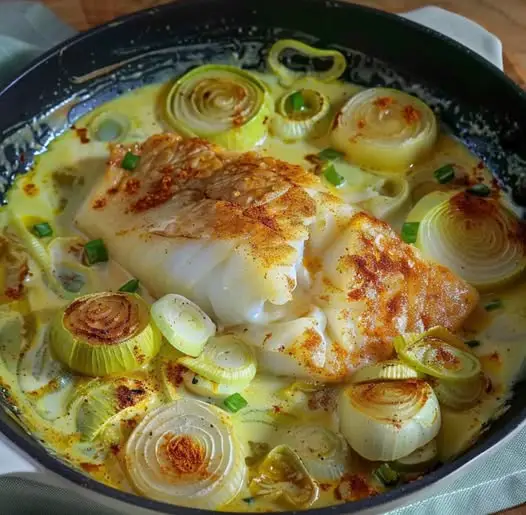 Kabeljauwfilet op een bedje van prei en champignons