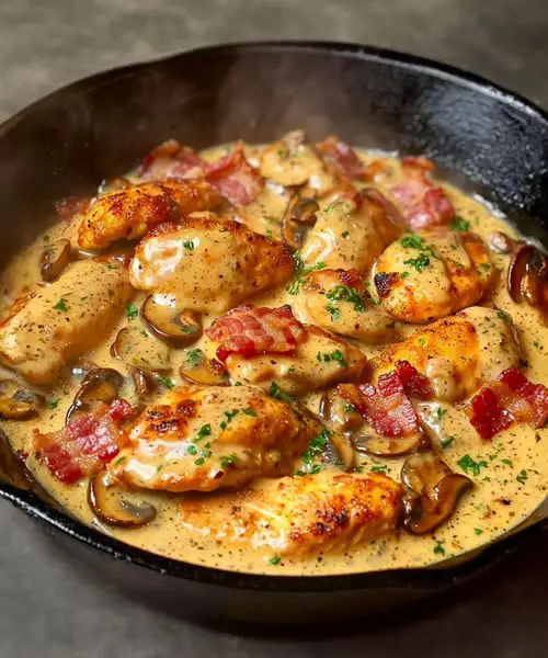 Gesneden kip met mosterd, spek en champignons – een heerlijke klassieker