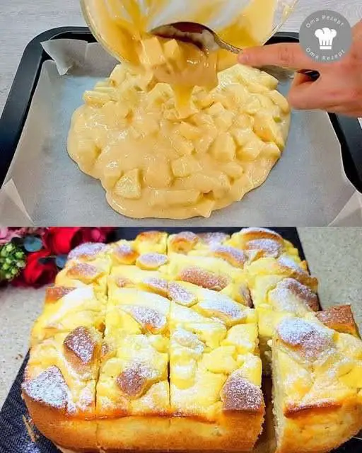 Snelle appeltaart met slechts 5 appels – gebakken in 10 minuten! Supermakkelijk, sappig en fruitig – perfect als je haast hebt! Recept in de eerste reactie.