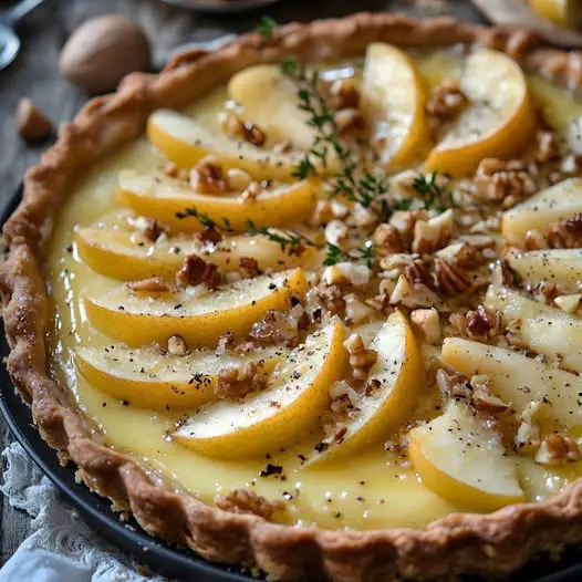 Hartige taart met roquefort, peren en walnoten